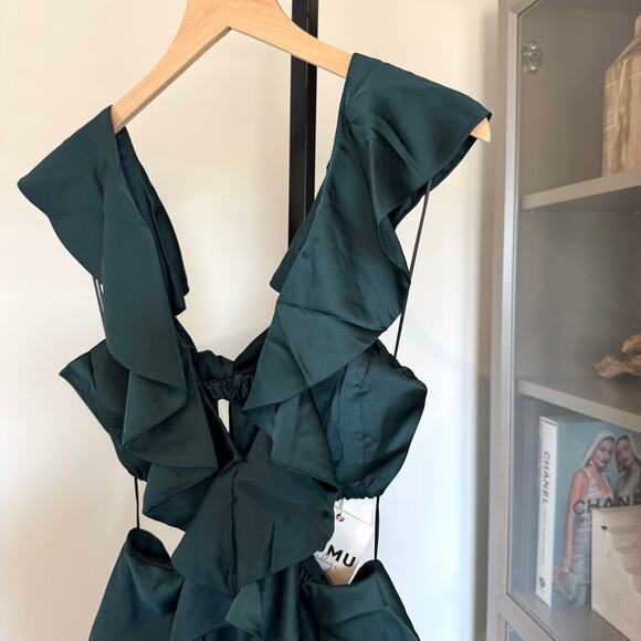 Show Me Your Mumu Zoey Midi Dress NEW Deep Emerald Green Satin Ruffle Trim Small - Picture 4 of 7